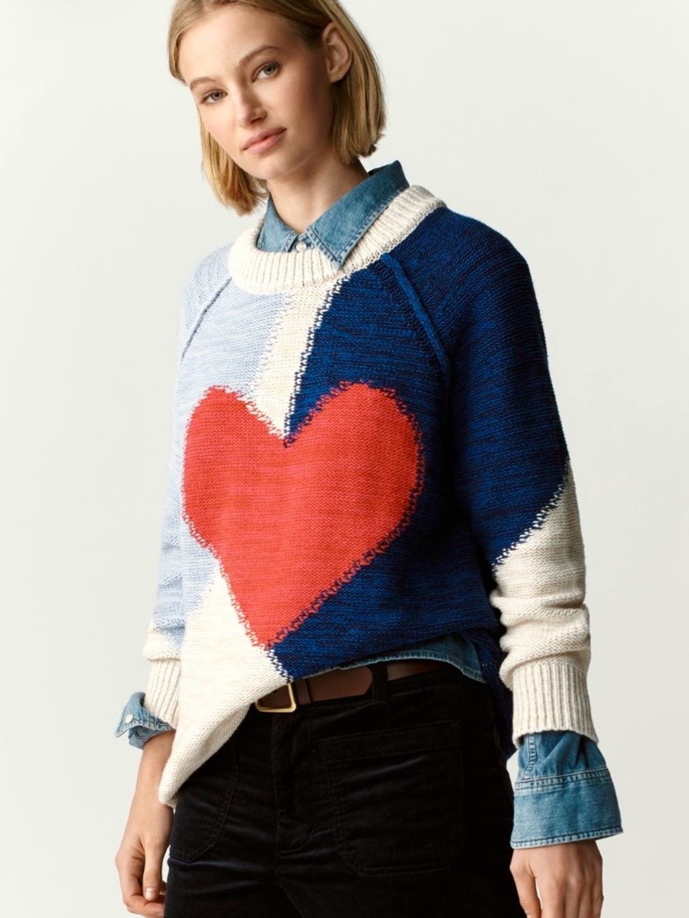 Anthropologie Pilcro Oversized Cotton Sweater Heart Color Block Blue Cream
